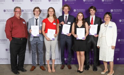 (L-R) Professor Peter Halley, Javan McGuckin, Lilly Van Gilst, Flynn Pearman, Victoria Barnes, James Orman, Professor Vicki Chen.